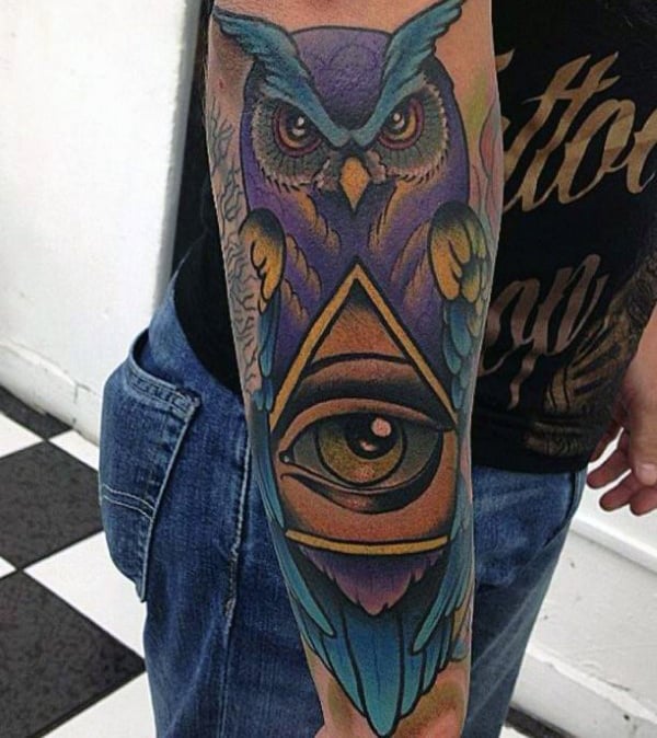 Colored Owl Illuminati Tattoo Mens Forearms