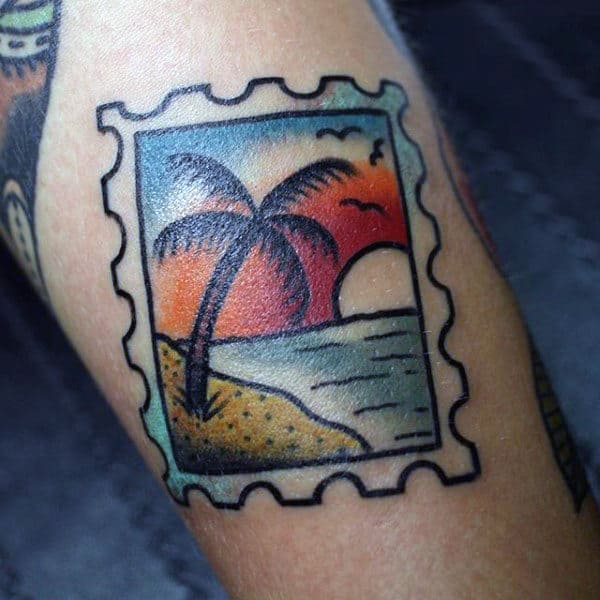 Colored Palm Tree Stamp Tattoo For Men On Arms