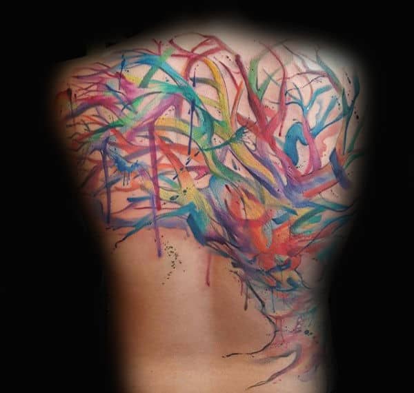 Abstract watercolor back tattoo of a tree with vibrant, flowing branches in shades of blue, red, green, and yellow, symbolizing creativity and freedom.