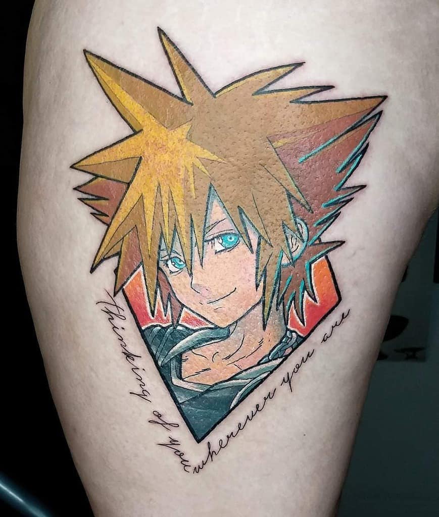 Kingdom Hearts tattoo of Sora with bright blue eyes and spiky hair, framed by a red geometric background with the quote 'Thinking of you wherever you are.'