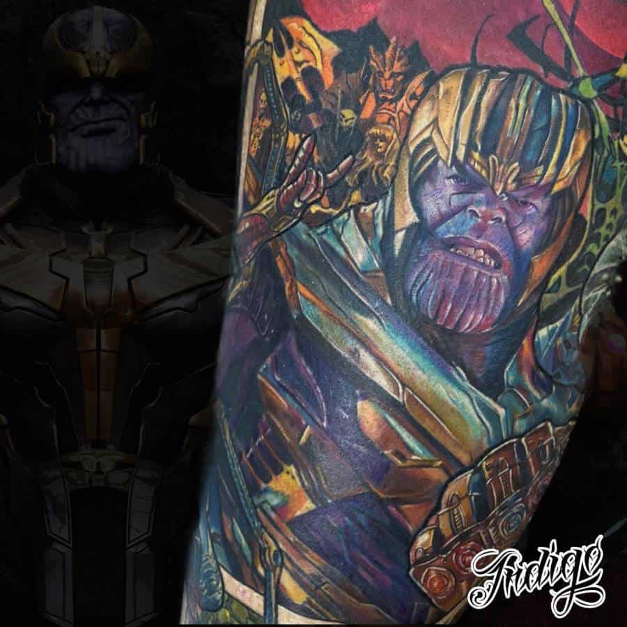 Detailed tattoo of Thanos, showcasing his powerful expression, along with the Infinity Gauntlet, all set against a dramatic backdrop and other villains