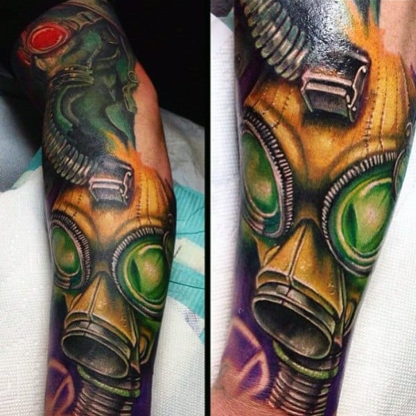 Colored Yellow And Green Gas Mask Mens Tattoo Sleeve Designs