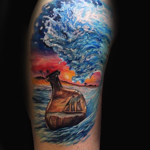 Colorful 3d Ocean Waves Ship In A Bottle Mens Arm Tattoos