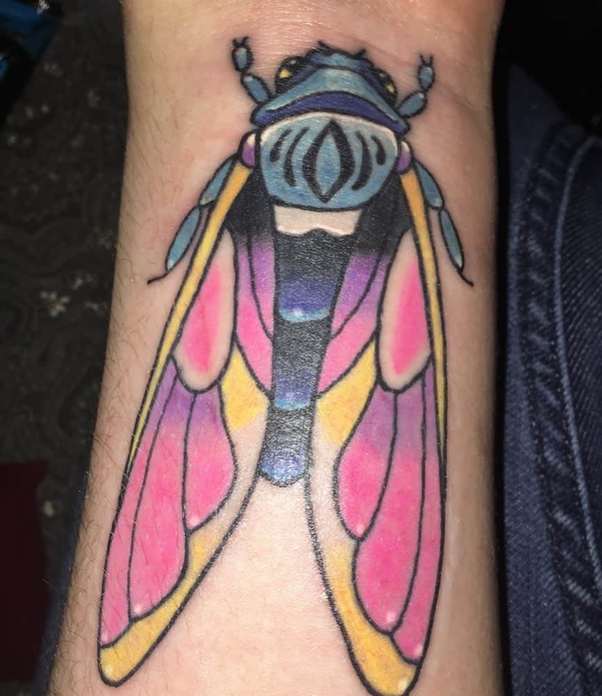 Colorful cicada tattoo on forearm with pink wings and detailed patterns