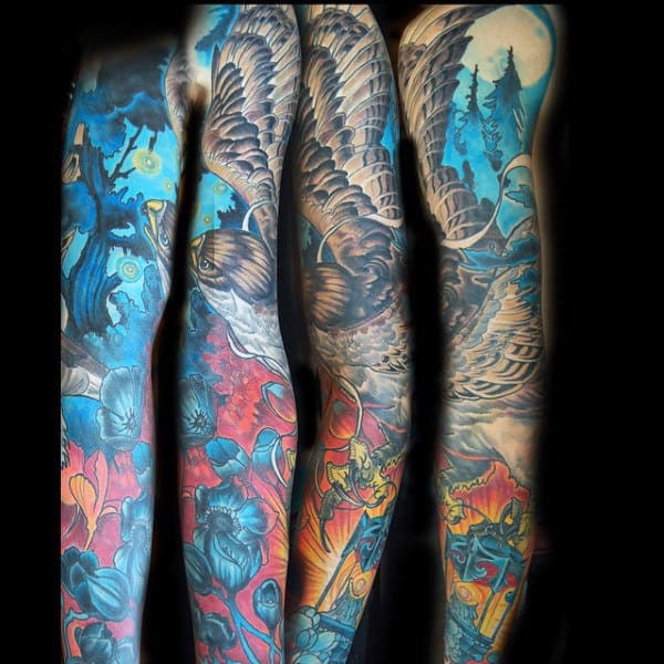 Colorful Abstract Full Sleeve Hawk Tattoo On Man