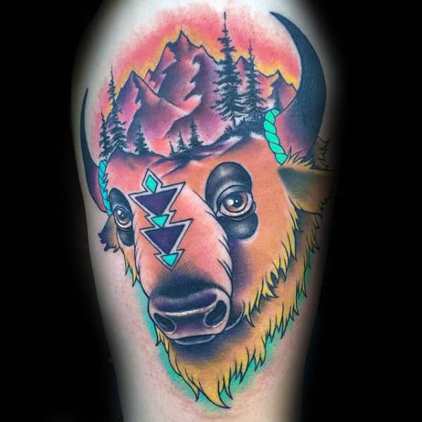 Colorful Abstract Male Bison Arm Tattoo