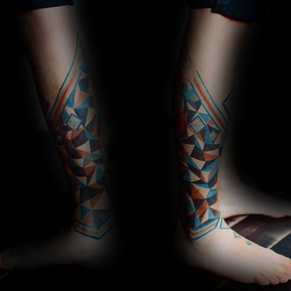 Colorful Artsy Shapes Geometric Leg Tattoo Designs For Guys
