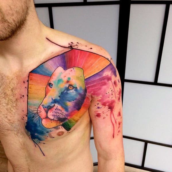 Colorful Artsy Watercolor Lion Mens Upper Chest Tattoo