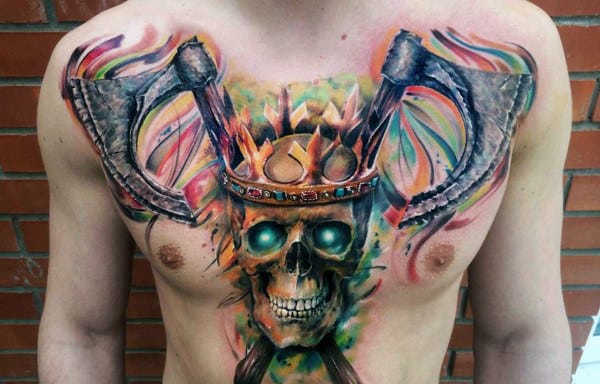 Colorful Axe Skull Guys King Chest Tattoos