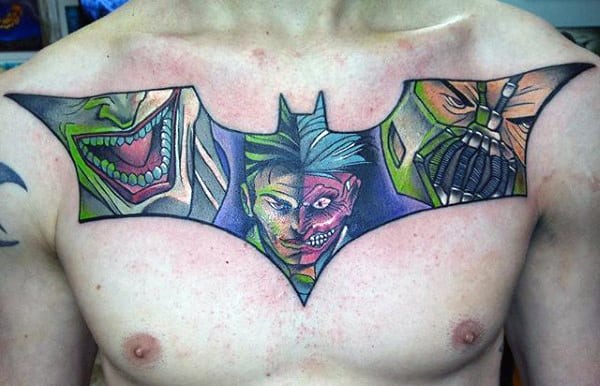 Colorful Bane Batman Symbol Mens Chest Tattoos