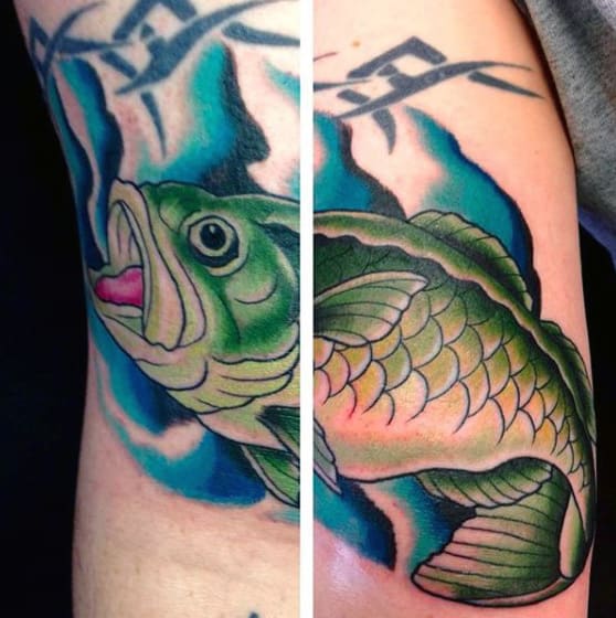 Colorful Bass Bicep Tribal Tattoo On Man