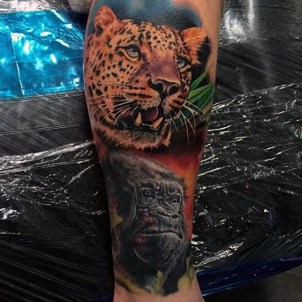 Colorful Big Cat With Gorilla Mens Leg Tattoo