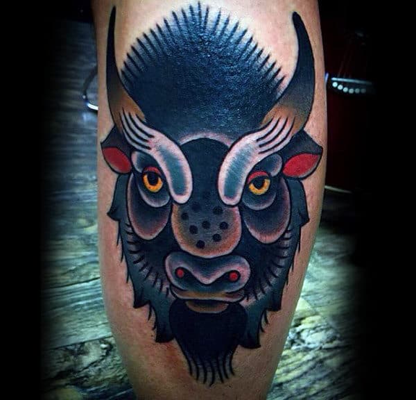 Colorful Bison Leg Calf Guys Tattoos