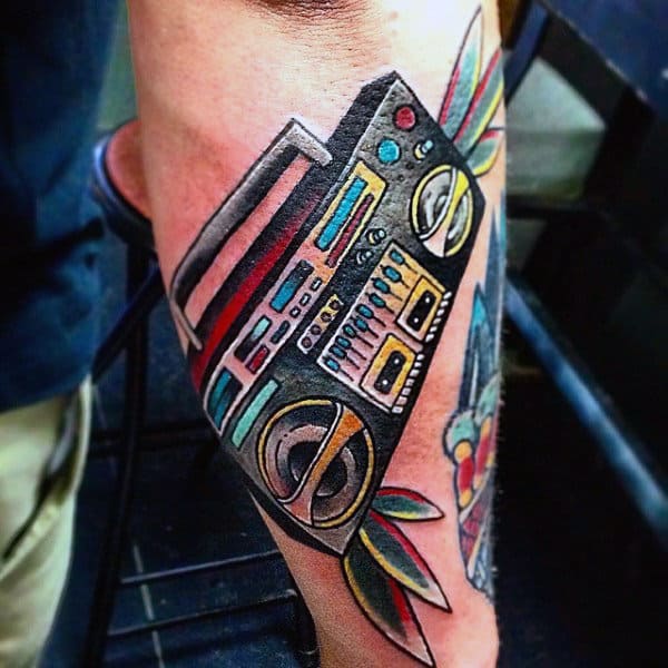 Colorful Boombox Mens Outer Forearm Tattoo