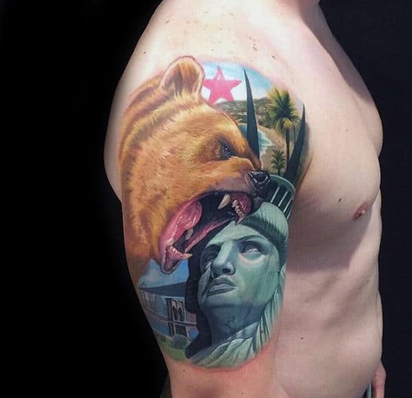 Colorful California Bear Animal Half Sleeve Tattoo For Guys