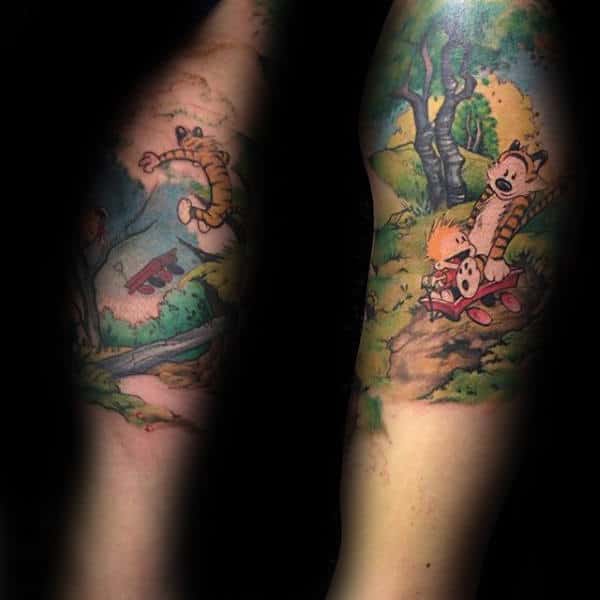 Colorful Calvin And Hobbes Mens Arm Tattoo