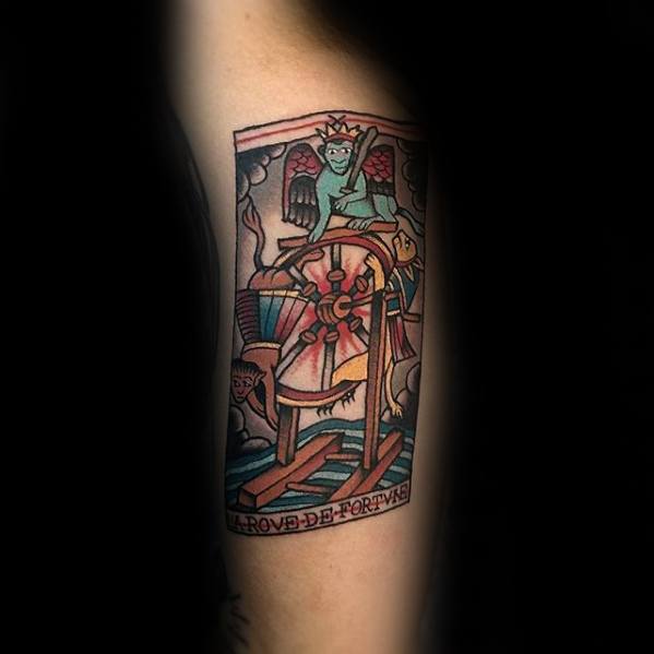 Colorful Card Inner Arm Bicep Gentlemens Tarot Tattoo Ideas