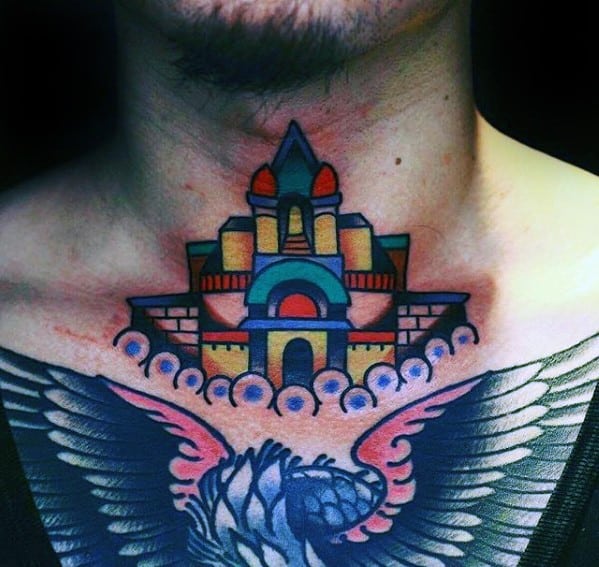 Colorful Castle Mens Small Front Of Neck Tattoo Ideas