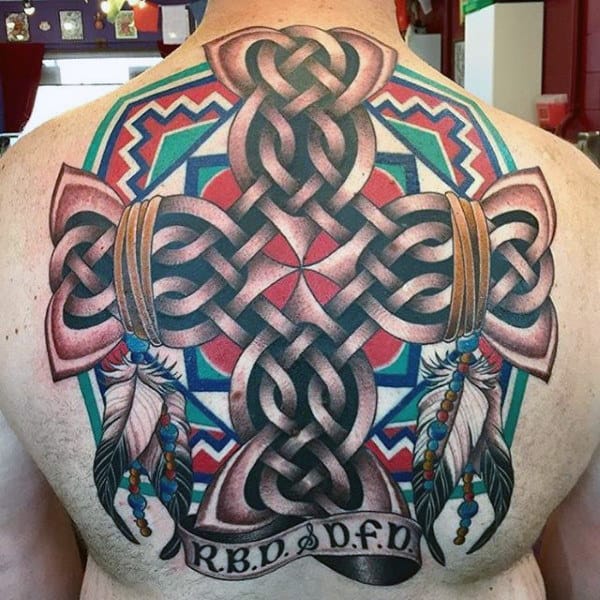 Colorful Celtic Cross Full Back Male Tattoos