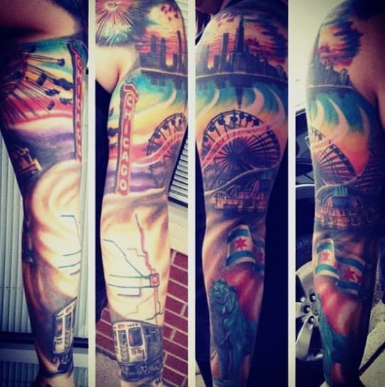 Colorful Chicago Themed Skyline Tattoo For Men Full Sleeve