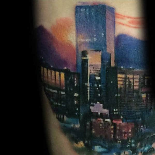 Colorful City Skyline Mens Arm Tattoos