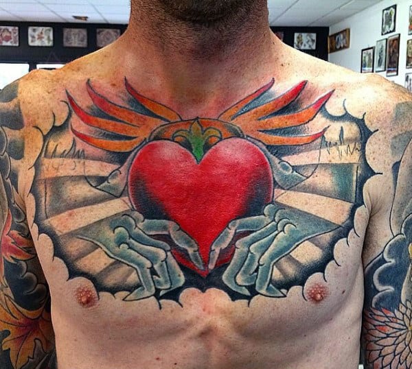 Colorful Claddagh Red Heart Male Chest Tattoo