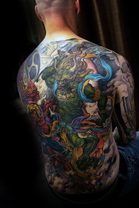 Colorful Cool Guys Full Back Tattoo Inspiration