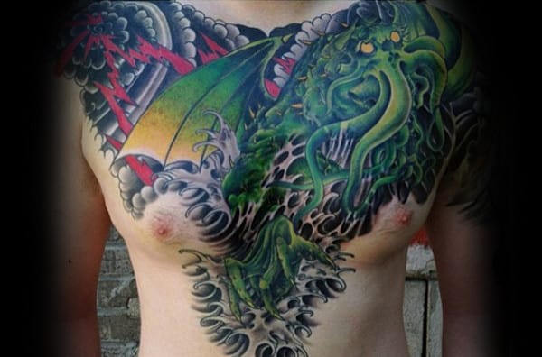 Colorful Cthulhu Green Japanese Tattoo Design On Chest Of Male