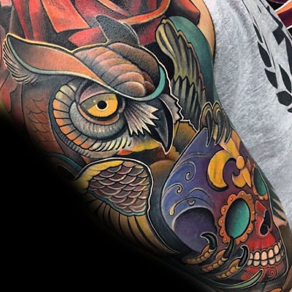 Colorful Day Of The Dead Guys Modern Owl Sleeve Tattoos