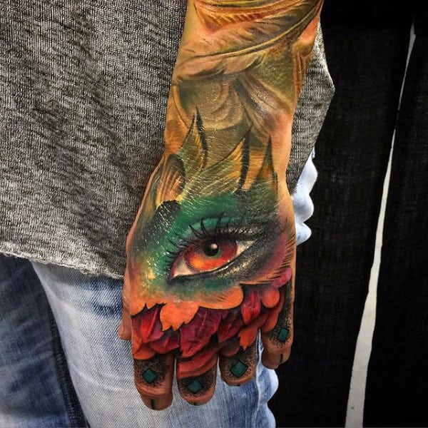Colorful Design Eye Tattoo Guys Hands