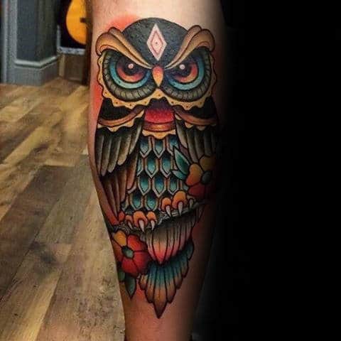 Colorful Detailed Male Traditional Owl Leg Tattoo
