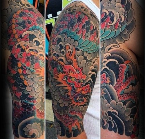 Colorful Dragon With Clouds Half Sleeve Japanese Guys Tattoo Ideas