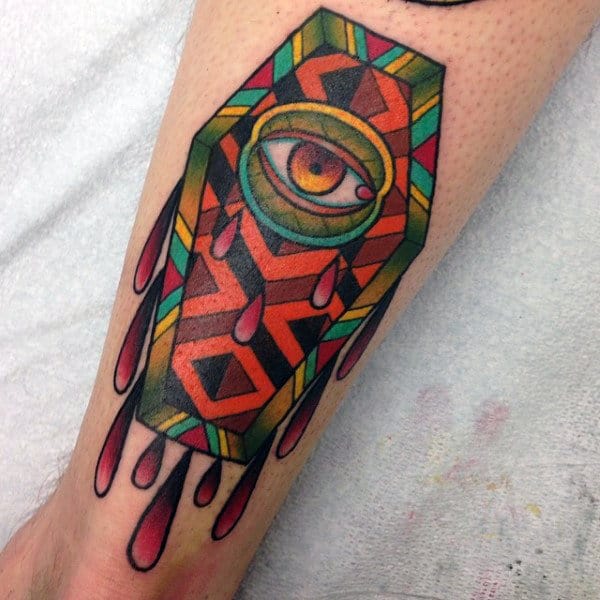Colorful Eye Coffin Tattoo For Men With Dripping Red Tears