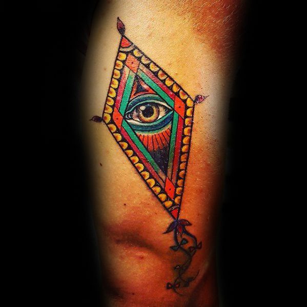 Colorful Eye Kite Tattoos For Gentlemen On Leg
