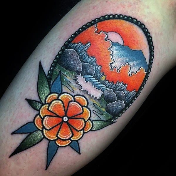 Colorful Flower Leg River Guys Tattoo Ideas