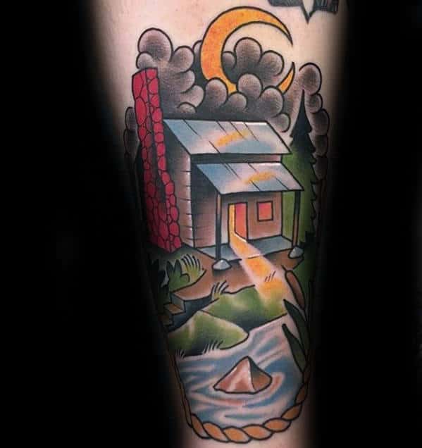 Colorful Forearm Cabin River Tattoo For Guys