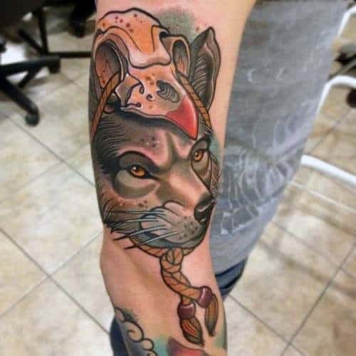 Colorful Fox Head Tattoo On Half Sleeve