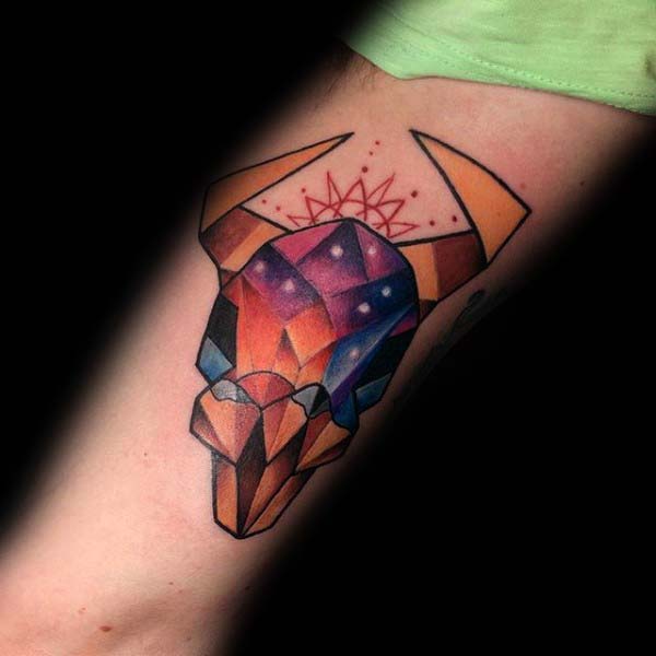 Colorful Geometric Bull Skull Male Forearm Tattoo