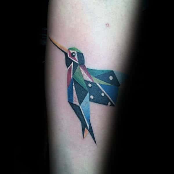 Colorful Geometric Hummingbird Tattoo On Forearm For Men
