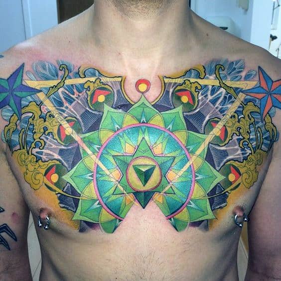 Colorful Geometrical Chakras Tattoo On Mans Upper Chest