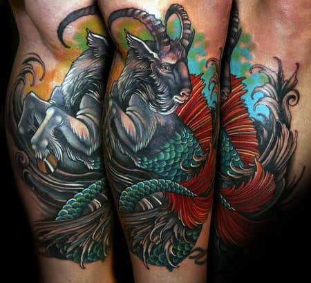 Colorful Goat Capricorn Mens Leg Tattoos