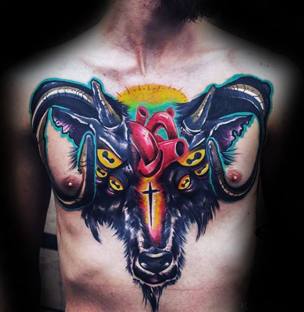 Colorful Goat Heart Mens Chest Tattoo Designs