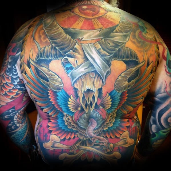 Colorful Goat Skull Male Full Back Tattoos