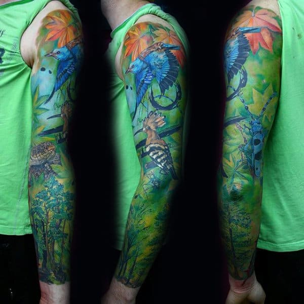 Colorful Green Tree Sleeve Tattoo For Guys