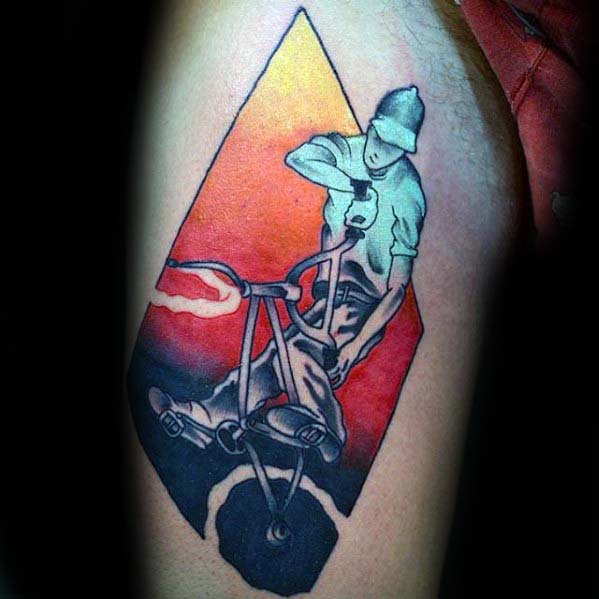Colorful Guys Bicycle Bmx Rider Thigh Tattoo