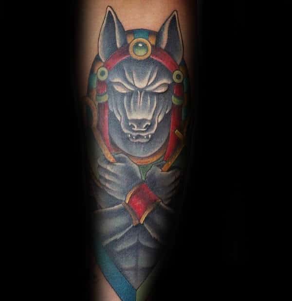 Colorful Guys Forearm Anubis Tattoo Ideas