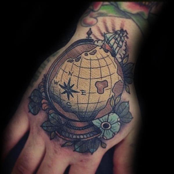 Colorful Guys Globe Hand Tattoos