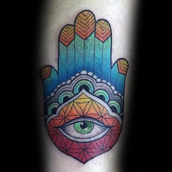 Colorful Guys Hamsa Inner Forearm Tattoo Inspiration