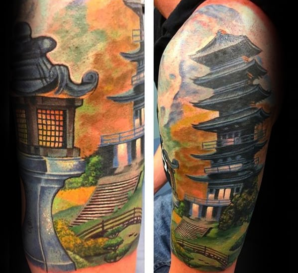 Colorful Guys Japanese Temple Half Sleeve Tattoo Ideas