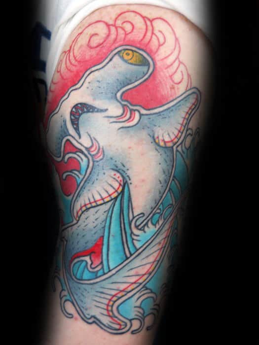 Colorful Guys Traditional Arm Shark Tattoos